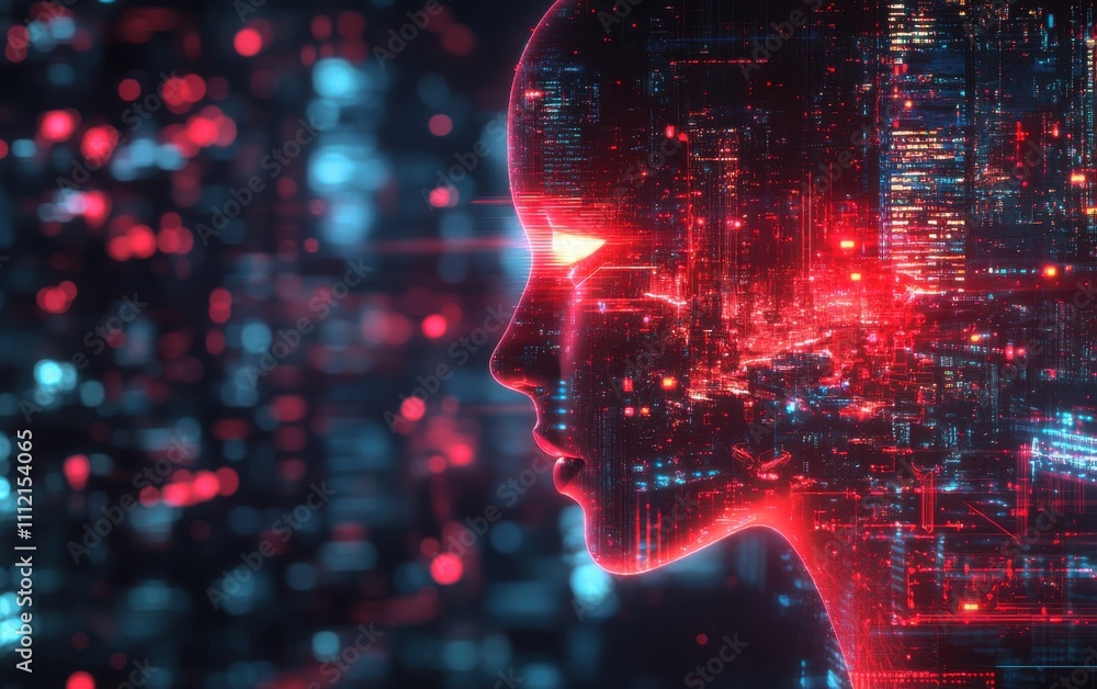 Poster futuristic portrait of a digital woman with neon lights and abstract data patterns in red and blue, 