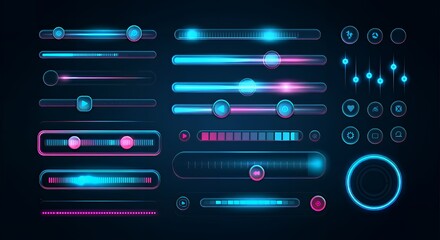 A glowing set of neon UI elements, such as sliders and buttons, in blue and pink. Transparent background for futuristic tech designs.