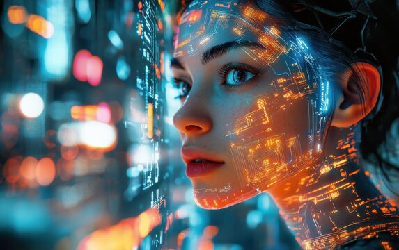 Futuristic Portrait of a Young Woman with Digital Matrix Elements Overlayed on Her Face in a Neon Cityscape Background
