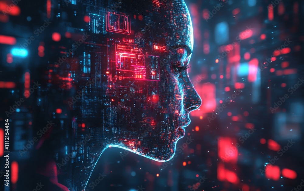 Poster futuristic representation of a digital human profile surrounded by neon lights and data streams, sym