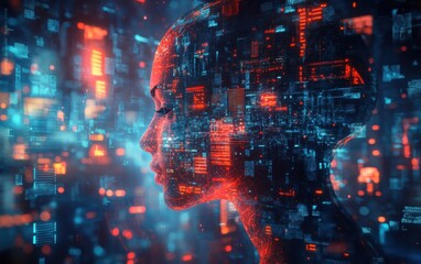Obraz premium Futuristic Profile of a Woman with Digital Data Overlay Representing Artificial Intelligence and Technology in a Complex Virtual Environment