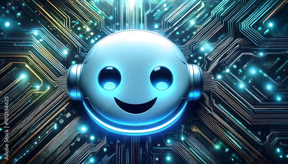 Poster smiling chat bot icon glowing on a circuit board, symbolizing friendly artificial intelligence and t