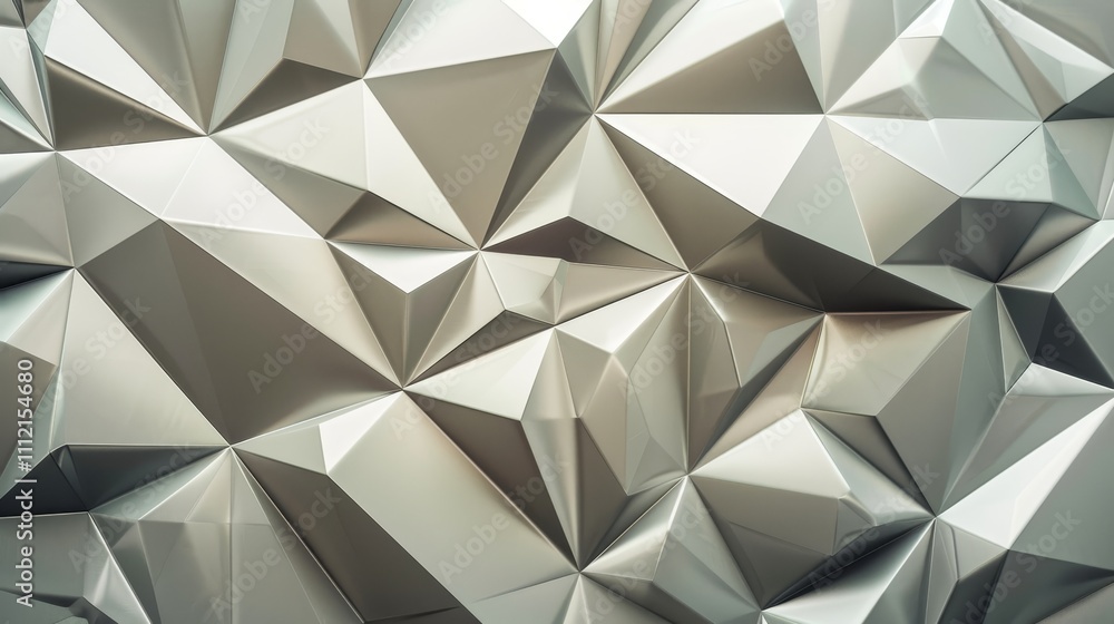 Poster metallic surface with a triangular low poly pattern reflecting light, creating an abstract and moder