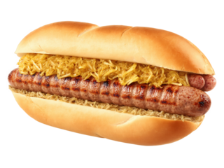 Wild Boar Sausage Homemade wild boar sausage, grilled and served with sauerkraut and mustard on a toasted bun.