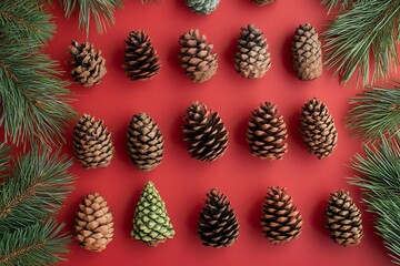 Fototapeta premium Festive Charm: Pine Cones and Christmas Tree Branches on a Vibrant Red Backdrop