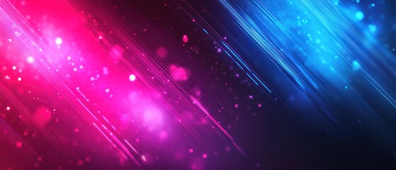 Fototapeta premium abstract background with pink blue glowing neon lines and bokeh lights. Data transfer concept