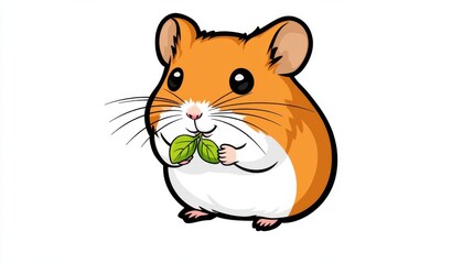 Cute Cartoon Hamster Eating Green Leaf Snack in Nature
