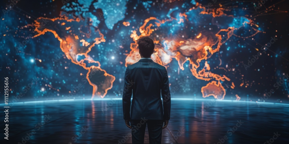 Poster businessman standing in front of an illuminated world map with glowing network lines, representing g