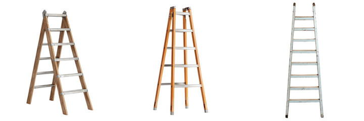 Construction materials equipment tools concept. Set of wooden ladders with different heights for construction, renovation, or painting tasks in professional or home settings.