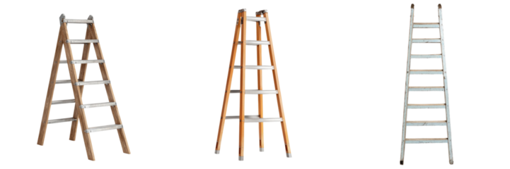 Construction materials equipment tools concept. Set of wooden ladders with different heights for construction, renovation, or painting tasks in professional or home settings.
