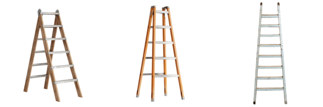 Construction materials equipment tools concept. Set of wooden ladders with different heights for construction, renovation, or painting tasks in professional or home settings.