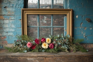 Elegant Floral Arrangement with Vintage Picture Frame on Rustic Wooden Surface in Artistic Setting with Distressed Walls and Natural Light