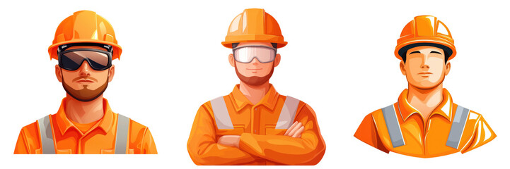 Construction materials equipment tools concept. Three male construction workers wearing orange helmets and safety gear, showcasing teamwork and professionalism in a construction environment.