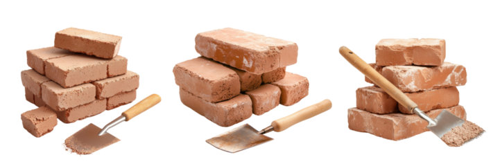 Construction materials equipment tools concept. A collection of bricks and masonry tools arranged artistically for construction-themed projects and design inspirations.