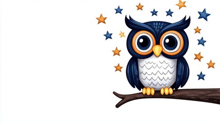 Obraz premium Cute Cartoon Owl Sitting on Tree Branch Under Starry Night Sky