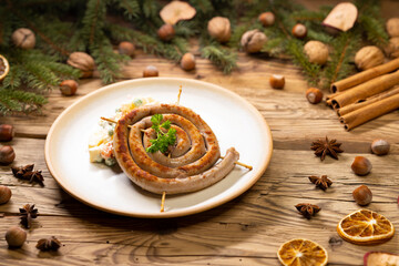 Christmas wine sausage served with potato salad