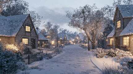 Fototapeta premium Winter Wonderland: Charming Village in Soft Evening Light with Falling Snow - Ultra-Detailed and Cozy Atmosphere