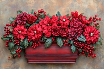 Vibrant Red Floral Arrangement Featuring Roses, Hydrangeas and Berries on an Elegant Wooden Planter Against a Textured Background
