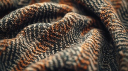 A high-resolution shot of tweed fabric with earthy tones, featuring intricate natural fibers and a timeless herringbone design