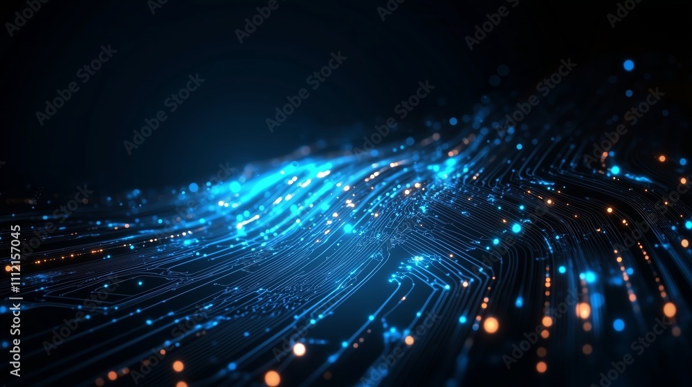 Poster dynamic blue and orange circuitry pattern representing digital connectivity and technology in a futu