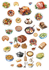 Watercolor Holiday Feast Clipart &ndash; Thanksgiving and Christmas Dinner with Roasted Turkey, Baked Ham, Pies, Casseroles, Vegetables, Bread, Salads, Soups, and Festive Desserts
