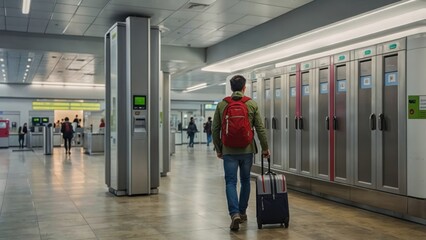 Fototapeta premium traveler using a locker system in a contemporary train station or airport terminal