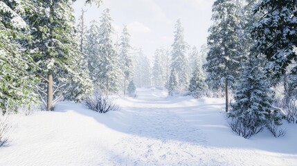 Fototapeta premium Tranquil Snow-Covered Hiking Trail in Peaceful Forest - Ultra-Detailed Nature Scene with Soft Light Filtering Through Trees