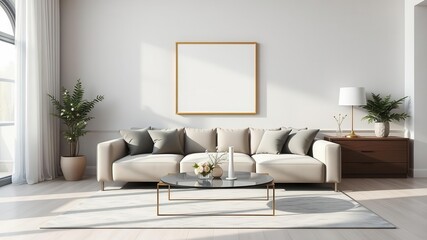 A modern living room with a mockup of wall art hanging above a sleek sofa and coffee table, decoration, contemporary