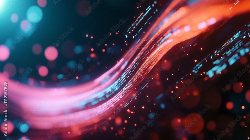 Poster colorful abstract wave of light and particles creates a dynamic digital backdrop for technology and 