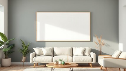 A minimalist living room wall art mockup featuring natural elements like plants and landscapes, mockup, design