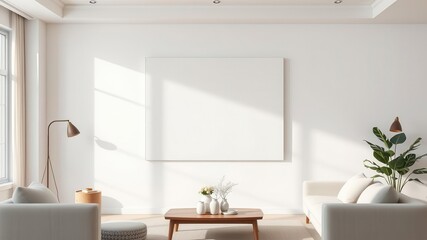 A blank canvas wall art mockup displayed in a modern, minimalist living room setting, style, design