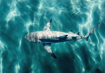 Fototapeta premium Graceful Shark Swimming in Crystal Clear Blue Water Beneath the Surface, Showcasing Aquatic Elegance and Natural Beauty of Marine Life