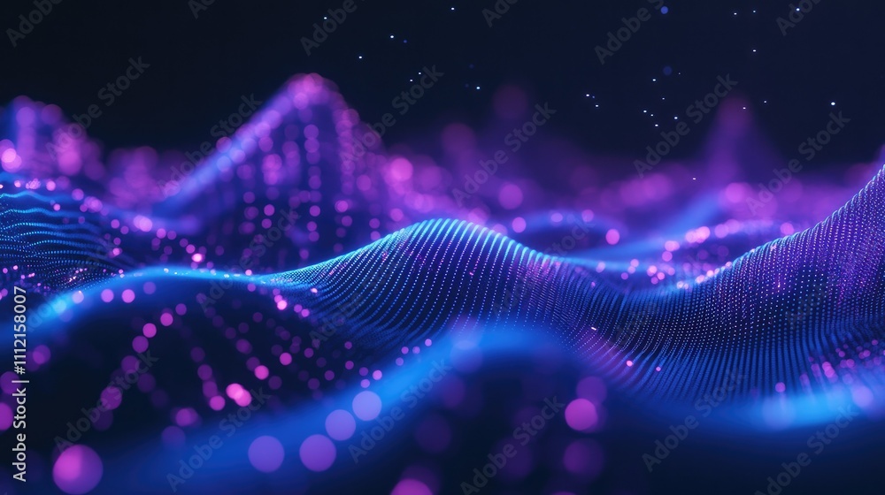 Poster abstract 3d visualization of blue and purple sound waves, showcasing dynamic audio waveforms on a da