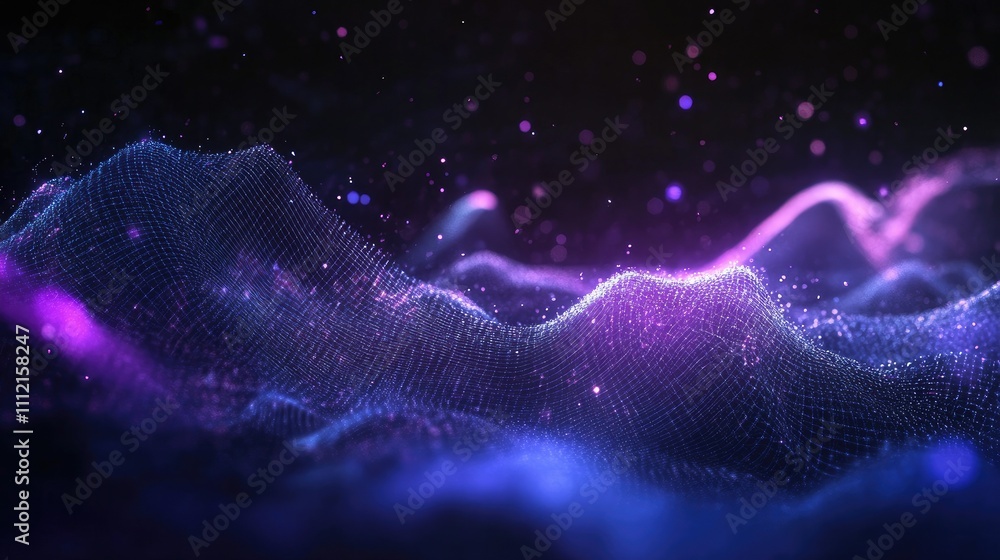 Poster abstract 3d visualization of blue and purple sound waves, showcasing dynamic audio waveforms on a da