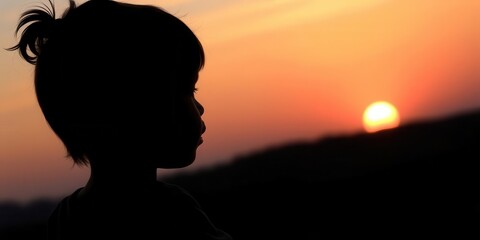 Silhouette of a child gazing at the horizon as the sun sets in the distance, calmness, peaceful