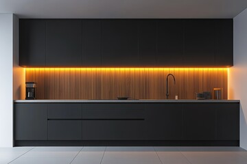 Modern Minimalist Kitchen with Dark Cabinets and Warm Ambient Lighting Perfect for Stylish Home Interiors and Culinary Spaces