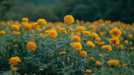 Vibrant marigold flowers blooming in a lush green field during the golden hour of late afternoon, creating a stunning floral display