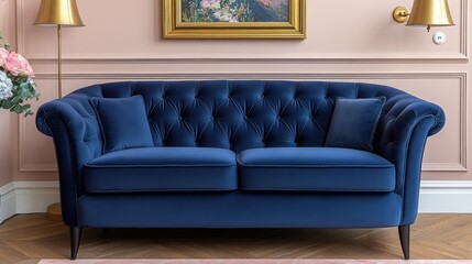 Elegant navy blue tufted sofa in a stylish living room with pastel wall colors and decorative elements, creating a cozy and sophisticated atmosphere.