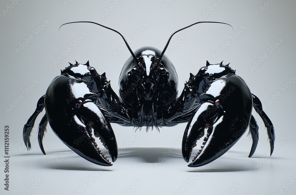 Poster highly detailed close-up of a black lobster displaying its large claws against a soft gray backgroun