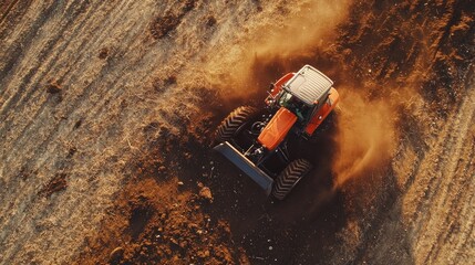 Powerful rotary tiller breaking up soil, farmer operating equipment, rich earth texture,