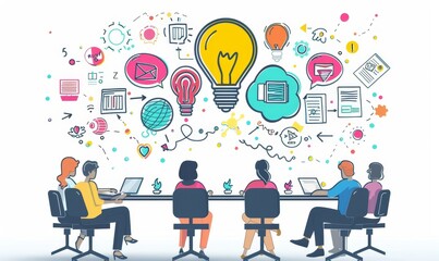 colorful creative agency business brain storm meeting people with icon line presentation young people team discussing roadmap