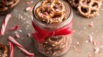 A festive jar of pretzel sandwiches, wrapped with a red ribbon and surrounded by crushed candy cane bits