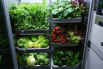Fresh and Colorful Vegetables Stored in a Modern Refrigerator, Featuring Various Leafy Greens, Crisp Lettuce, and Vibrant Red Peppers for Healthy Living