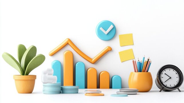 Vibrant Workspace with Colorful Office Accessories and Analytical Tools