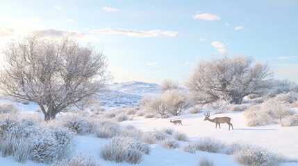 Majestic Winter Scene: Family of Deer Grazing on Snow-Covered Hillside in Ultra-Detailed Photorealistic Image