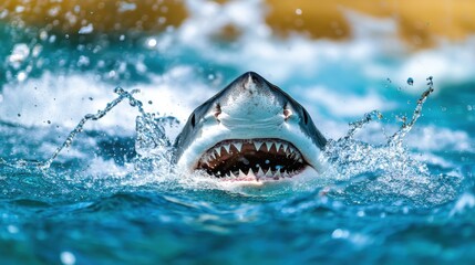 Magnificent Great White Shark Surfaces Dramatically from Crystal Clear Waters, Displaying Powerful Body and Sharp Teeth in Stunning Ocean Environment