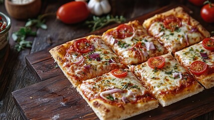 Delicious square pizza slices with tomato, red onion, and mozzarella cheese on wooden board.