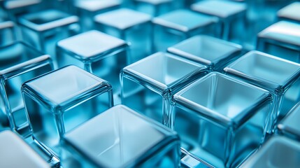 Obraz premium A close up of a grid of blue glass cubes reflecting the light.