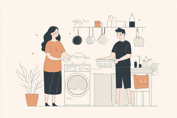 Couple doing laundry together in a cozy, modern kitchen during the day