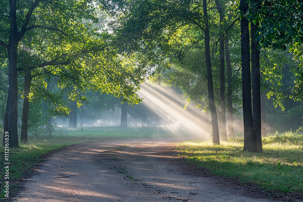 Poster sunlight filters through trees on a peaceful forest path